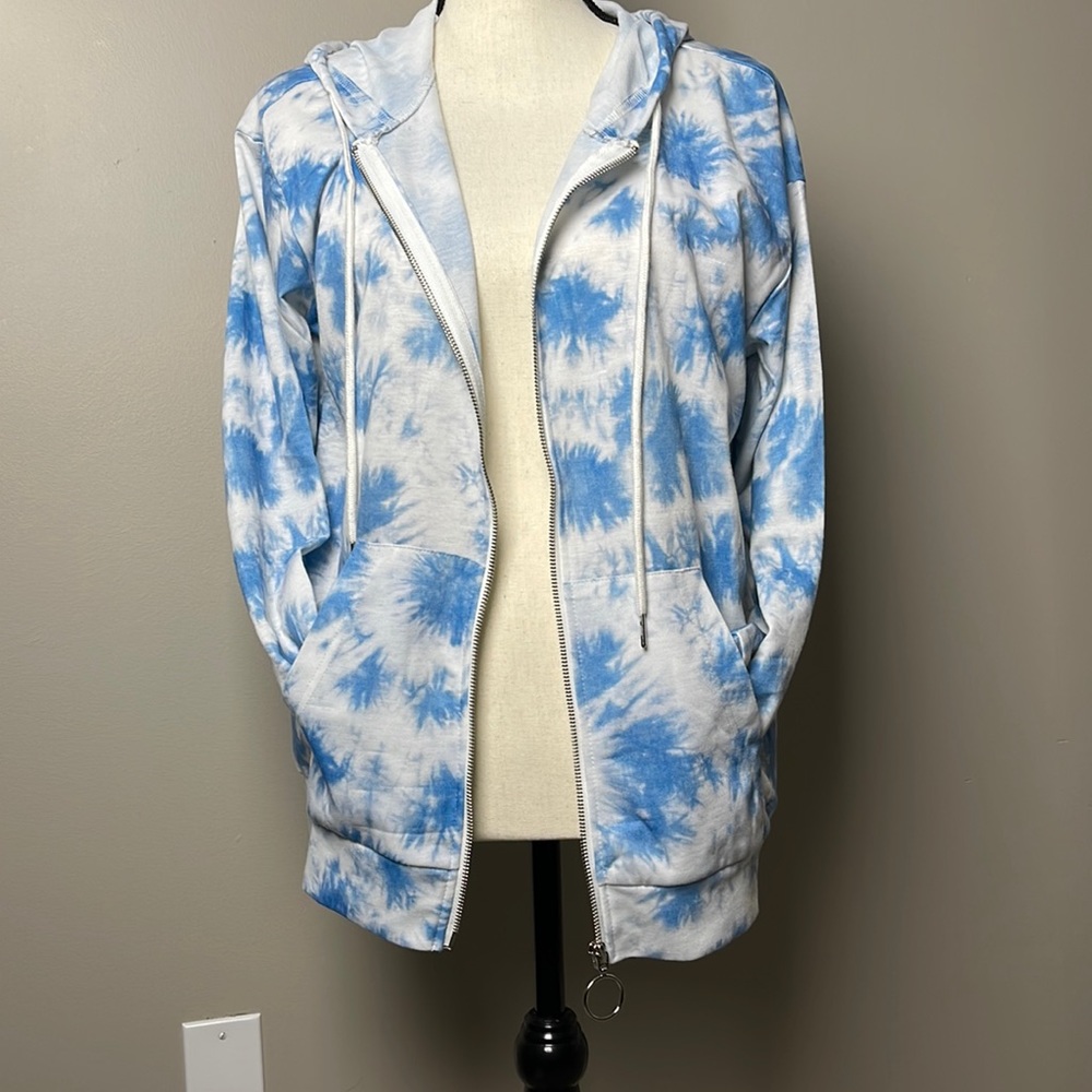 Shein Blue & White Tie Dye Zip Up Oversized Hoodie Lightweight Jacket Size XS